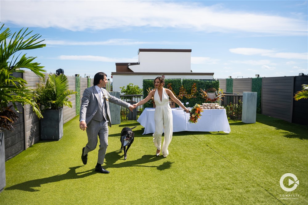 Wedding entrance onto Hotel Zamora's rooftop reception space.