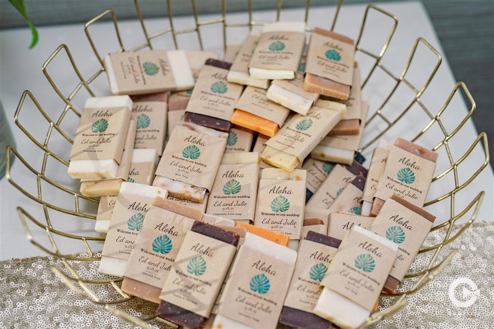 Aloha glam wedding favors.